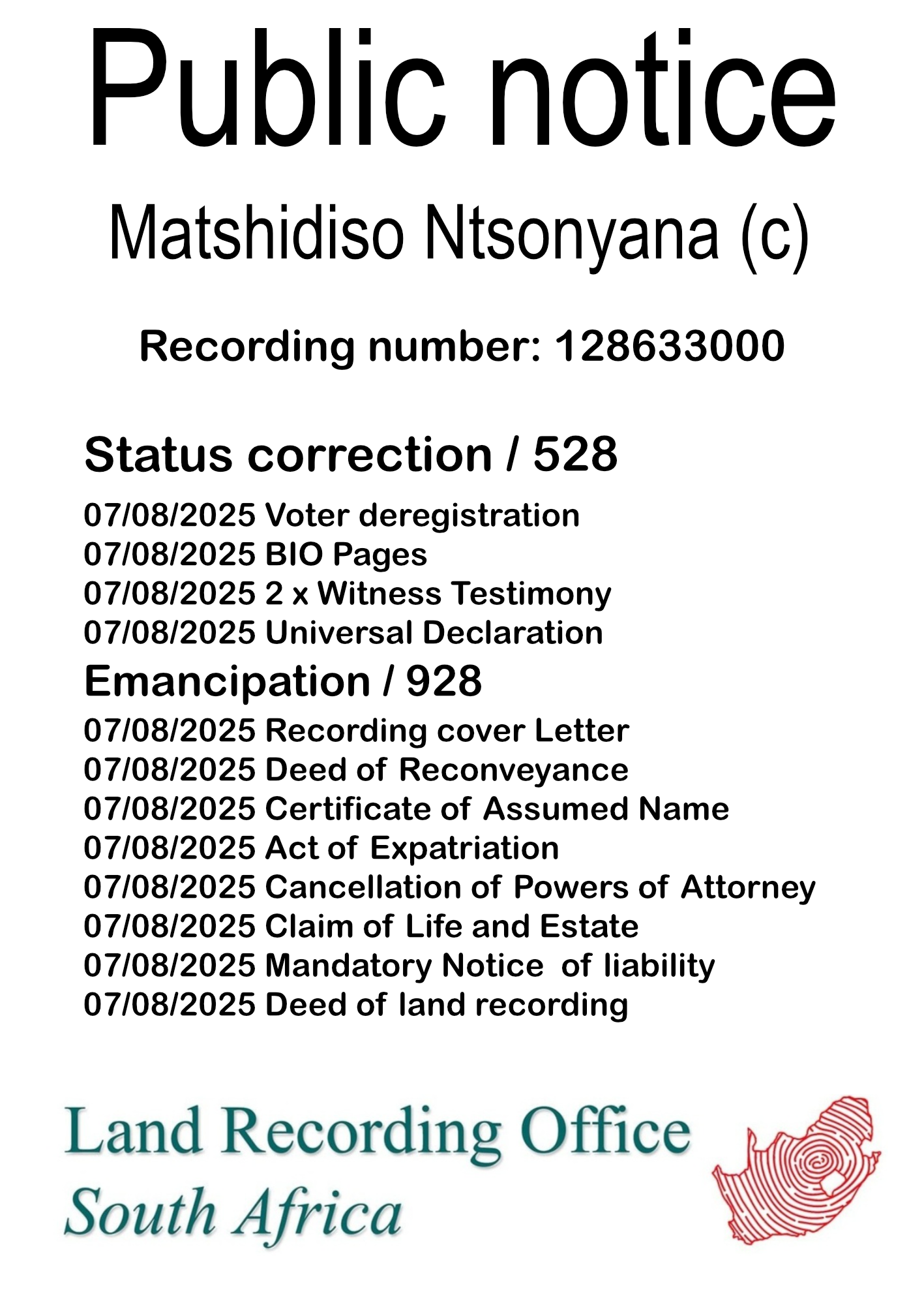 Public Notice Matshidiso Ntsonyana Recording Number 128633000